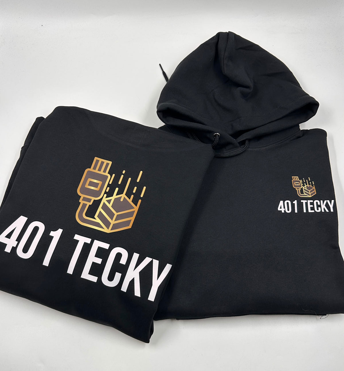 Gold and white DTF printing on black hoodies for 401 Tecky