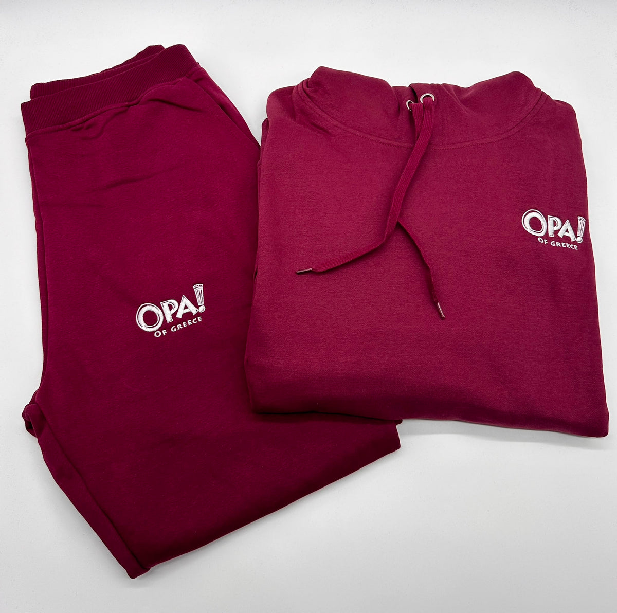 Custom logo embroidery on burgundy hoodie and sweatpants